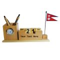 Wooden DIY Pen Holder Stand Having Clock With Visiting Card /Phone Stand, Calendar Along With Nepal Flag. 