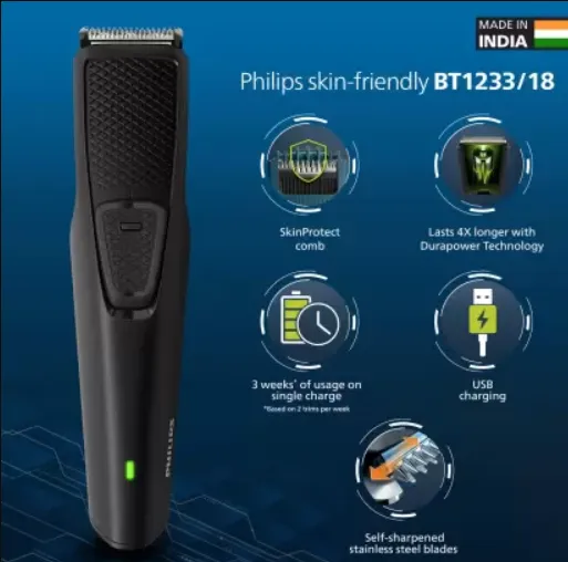 PHILIPS%20BT1233/18%20%20Lasts%204x%20Longer%20with%20DuraPower%20Technology%20%7C%20Charging%20Indicator%20%7C%20Trimmer%2030%20min%20Runtime%204%20Length%20Settings%7C%20SkinProtect%20Beard%20Trimmer%20-%20Image%202