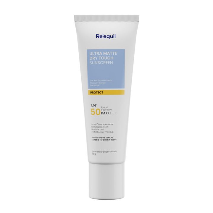 Re'equil Ultra Matte Dry Touch Sunscreen Matte Finish Sunscreen For All Skin Types Water & Sweat Resistant With Spf 50 Pa++++ No White Cast, Non-Greasy & Non-Comedogenic Sunscreen 50G