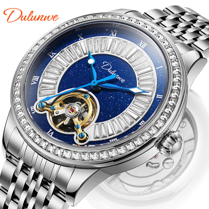 Dulunwe brand fashionable business luxury rhinestone dial, luminous sports waterproof automatic mechanical men's watch