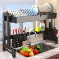 Kitchen Sink Storage Adjustable Width Double Layer  Rack Dish Table Top  Multifunctional  Bowl Plate with Knife and Spoon Holder kitchen Organizer. 