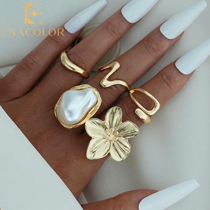 Enacolor 5Pcs/Set Women Retro Flower Ring Set Gold Metal Pearl Joint Open Rings Adjust Jewelry Accessories Gifts