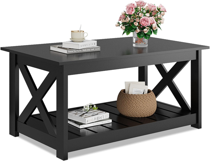 Black Cross Coffee Table for Living Room, 40" Center Table with X-Frame Support & Storage Shelf, 2-Tier Wood Coffee Tables for Bedroom