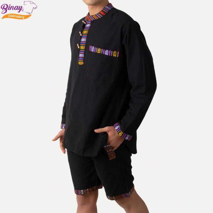 Binay Embroidery Black Nepali Kurta & Half Pant With Bhutani Borderd For Men - Fashion | Men's Wear |