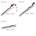 Headdress Red Rose Chinese Hair Stick Retro Handmade Flower Hair Forks Wooden with Tassel Hair Bun Hanfu Party. 