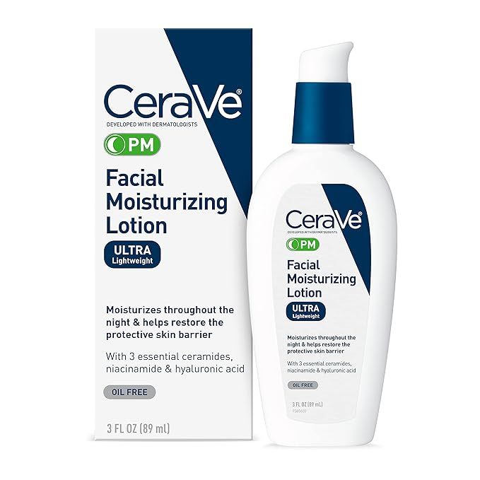CeraVe PM Facial Moisturizing Lotion | Night Cream with Hyaluronic Acid and Niacinamide Ultra-Lightweight, Oil-Free Moisturizer for Face  3 Ounce