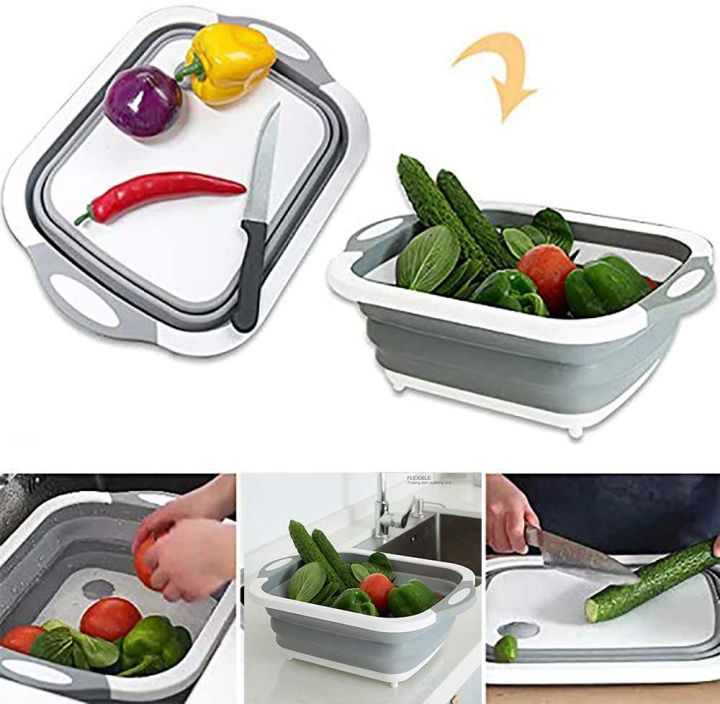 Multi-Function 3 In 1 Folding Cutting Board Kitchen Foldable Drain Basket Chopping Blocks Washing Basket Kitchen Organizer
