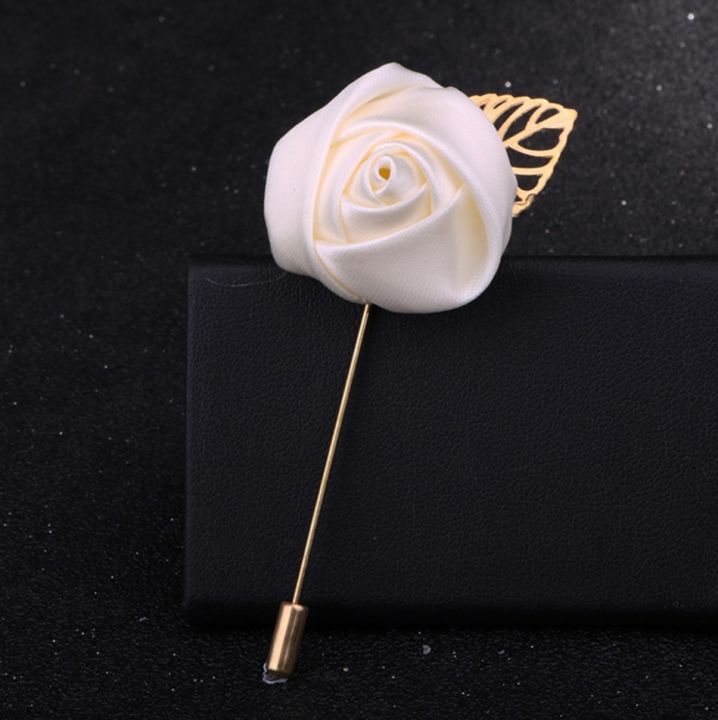 Maroon / White Rose Flower Golden Brooch without Chain for Men