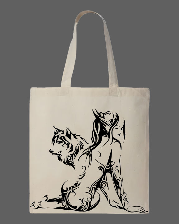 Tribal%20Wolf%20&%20Female%20Silhouette%20Printed%20Tote%20Bag%20%7C%20Artistic%20Eco-Friendly%20Cotton%20Shoulder%20Bag%20-White,%20Black%20-%20Image%202