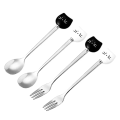 Cute Cats Coffee Spoon and Fork Set, Ceramic Stainless Steel Cats Dessert Spoon Drink Spoons Fruit Fork Easy to Use 14.5cm. 
