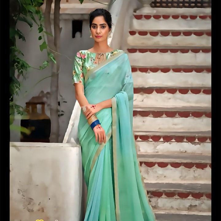 Sky Blue Sirosky Pure Chiffon Saree With Blouse For Women