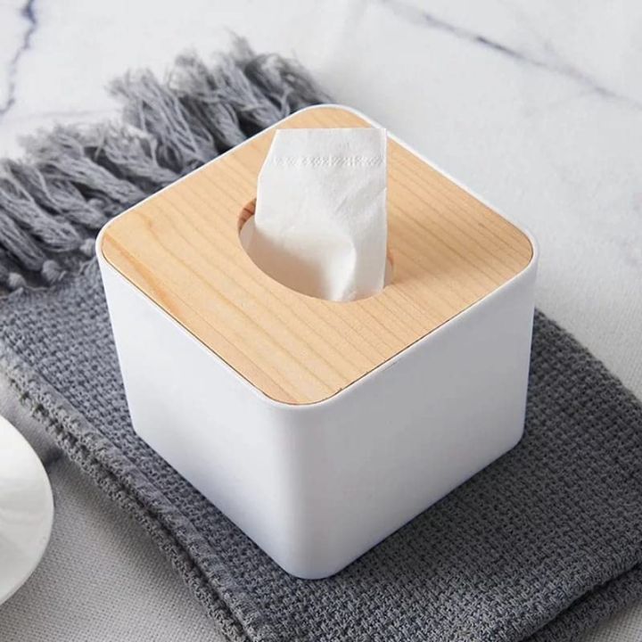 Square Shape Wooden Cover Plastic Tissue Box Holder  Paper Napkin Dispenser Case