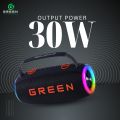 Green Melody-30 Wireless Speaker | 30Watt (15*2) Output | Dual Speaker | Dual EQ Models | 57mm*2 Dynamic Drivers | 6 Hours Playback | IPX5 Rating | FM Radio | RGB Changeable Light | 4000mAh  Battery Capacity | Stereo Sound  | HIFI Tone| | Type-c Charging. 