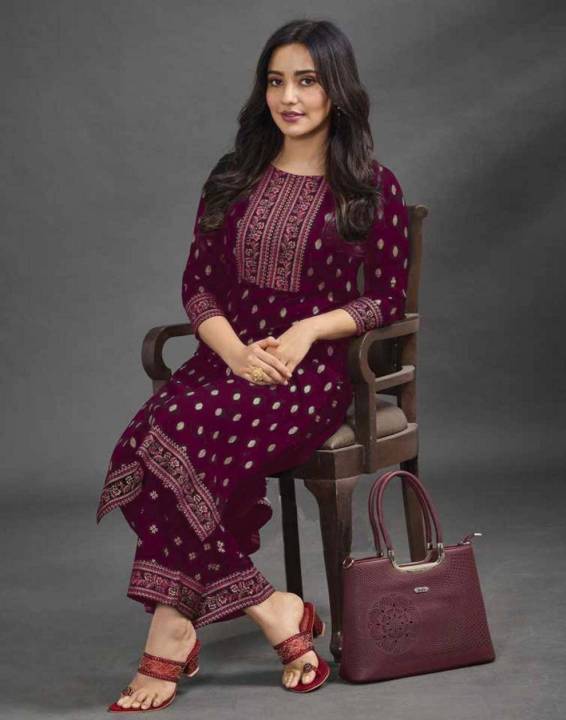 Women's Viscose Rayon Wine Floral Embroidery Kurti