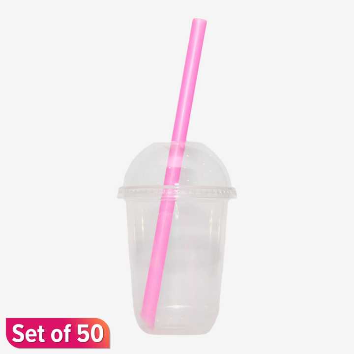 PP Plastic Round Bottom Disposable Cup - 500 ml capacity  Set of 50 with Lid for Bubble Tea Boba Milkshake Cold Drinks