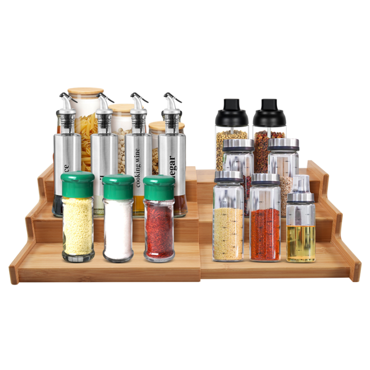 (GGBR) Spice Rack Kitchen Cabinet Organizer- 3 Tier Bamboo Expandable ...