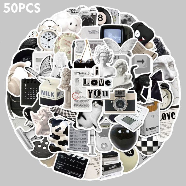 Retro Grey Sticker Artsy Home 25/50 Pcs Black and White Vintage Retro Waterproof Stickers ...