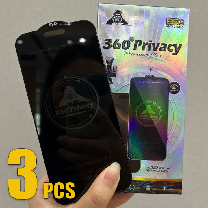 3pcs 360° Privacy ESD Tempered Glass ANTI STATIC Screen Protector Film For iPhone 16 Pro Max 15 Plus 14 13 12 11 XS XR X 8 SE