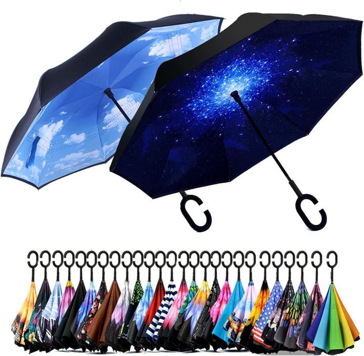 Windproof Upside Down Reverse Umbrella C-Handle Double Layer Inside-Out Inverted - Foto 2