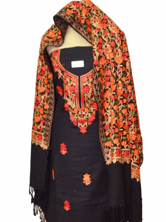 Black Embroidered Woolen Kashmiri Unstitched Kurta Shalwar & Shawl Set For Women