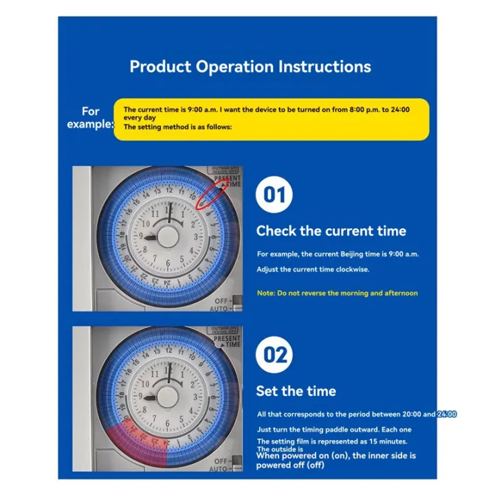 FENTERXY 24-Hour Mechanical Timer Switch – IP53, 96 ON/OFF Settings (15-Minute Intervals), AC 100-240V