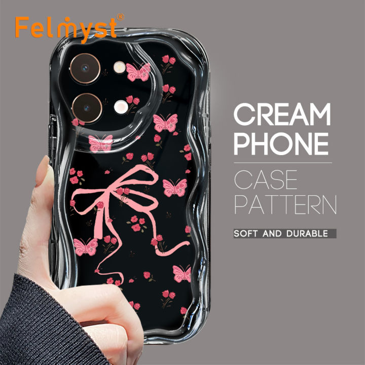 FELMYST for Vivo Y28 4G Back Cover Butterfly Pink Flower Cream Texture Wavy Edge Soft Silicone Phone Case