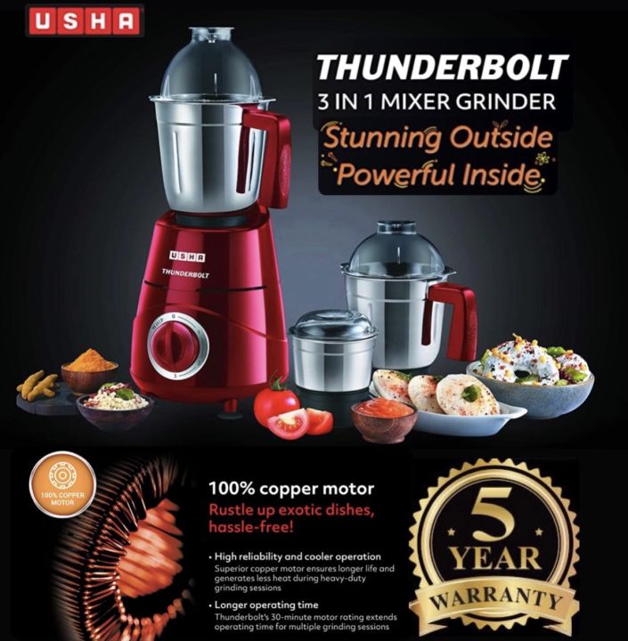 Usha Thunderbolt Mixer Grinder 800-Watt 3 Jars with Copper Motor
