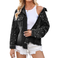 Women Oversized Denim Jacket Beading Jeans Coat. 
