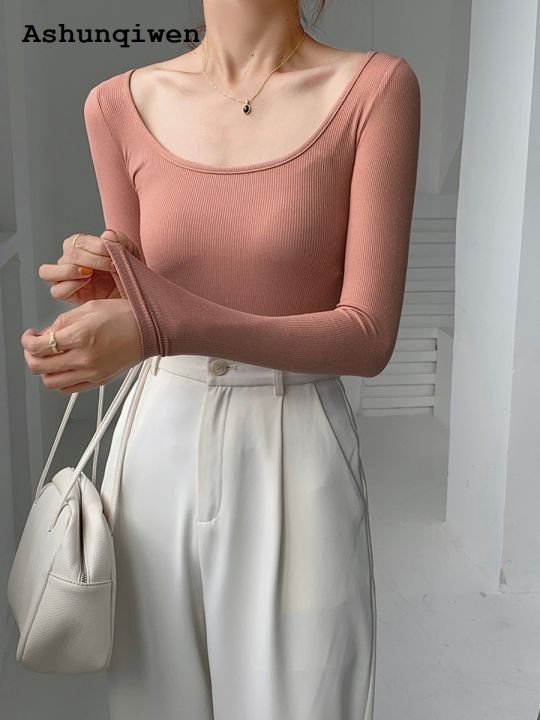 Ashunqiwen Profesional High Elastic Thread Cotton 2024 Autumn New Inner Wear Bottoming Shirt Women's Long Sleeve Tight T T-shirt Spicy Slimming Top