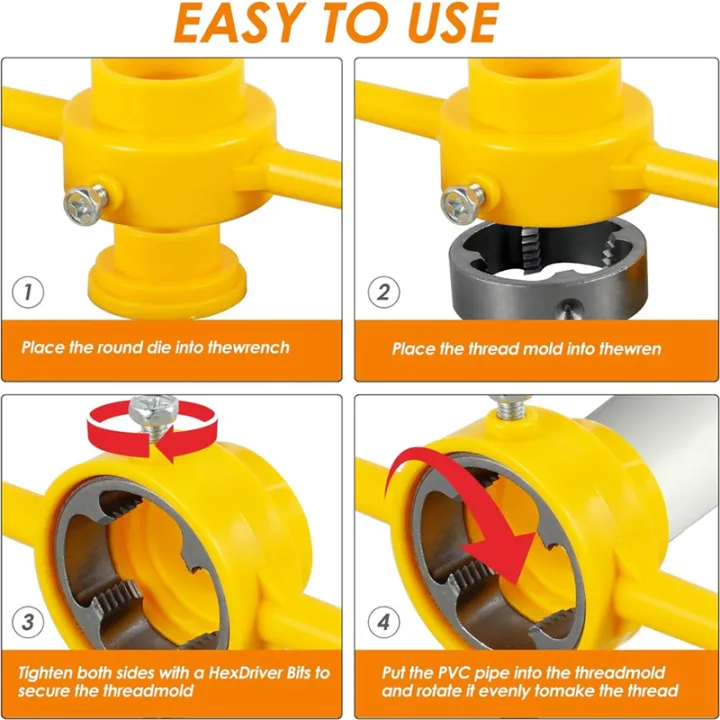 6%20PCS%20PVC%20Thread%20Maker%20Tool,%20Yellow%20Metal%20with%201/2%20Inch%203/4%20Inch%201%20Inch%20Dies%20Reusable%20PVC%20Pipe%20Threader%20Plumbing%20-%20Image%205