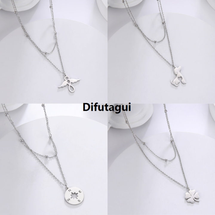 Difutagui Cazador Dog Cat Four Leaf Clover Pendant Necklace for Women Stainless Luxury Steel Compass Angel Choker Double Chain Neck Jewelry 2024