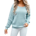 Women'S Off Shoulder Sweaters Long Sleeve Drop Shoulder Waffle Knit Pullover Sweater Tops with Pockets Blue L. 