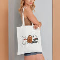 Cute Bear Printed Cotton Tote Bag For Women - White and Black | Fashion Bear Printed Tote Bag For Women. 