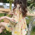 HOT Babydoll Shirt Women's Top Korean Style Loose Sweet Floral Mid-Sleeve Blouse. 