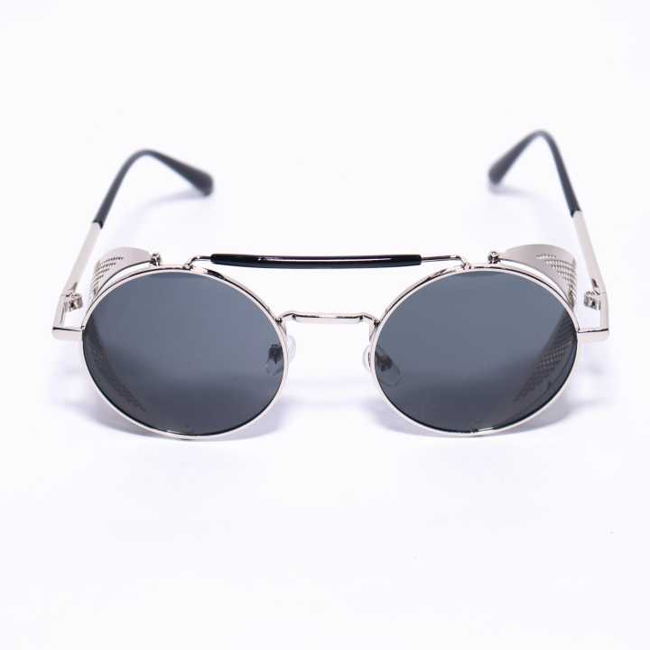 Silver/Black Frame Black Lens Round Sunglasses For Men
