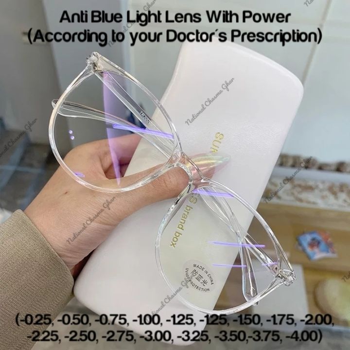 Blue Ray Cut Prescription Power Glasses Finished Unisex Retro Transparent Oval Frame Prescription Spectacles