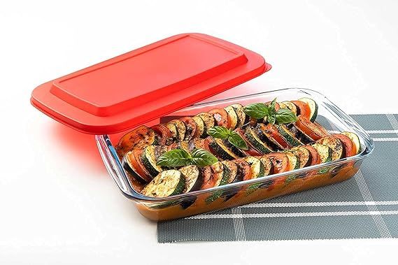 Signoraware Bake 'N' Serve Rectangular Bakeware Safe and Oven Safe Glass Dish Tray with PLASTIC LID | Borosilicate Glass Bowl Container | Microwave Oven Safe Baking (2200ml, Set of 1, Clear) code-1319