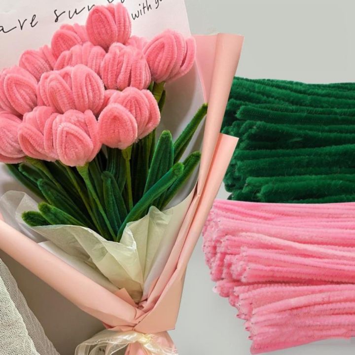 Durable Tulip Rose Macaron Color Fuzzy Wire Encrypted Fur Material Package Plush Strip Root Top Knitting Super Density DIY Flower Bouquet