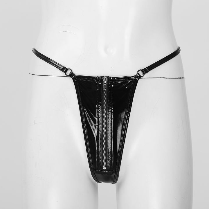 Huangdian Fashion  Womens Zipper Crotch G-string Wet Look Patent Leather T-back Thong Micro Underwear Latex Glossy Low Waist Open Butt Briefs