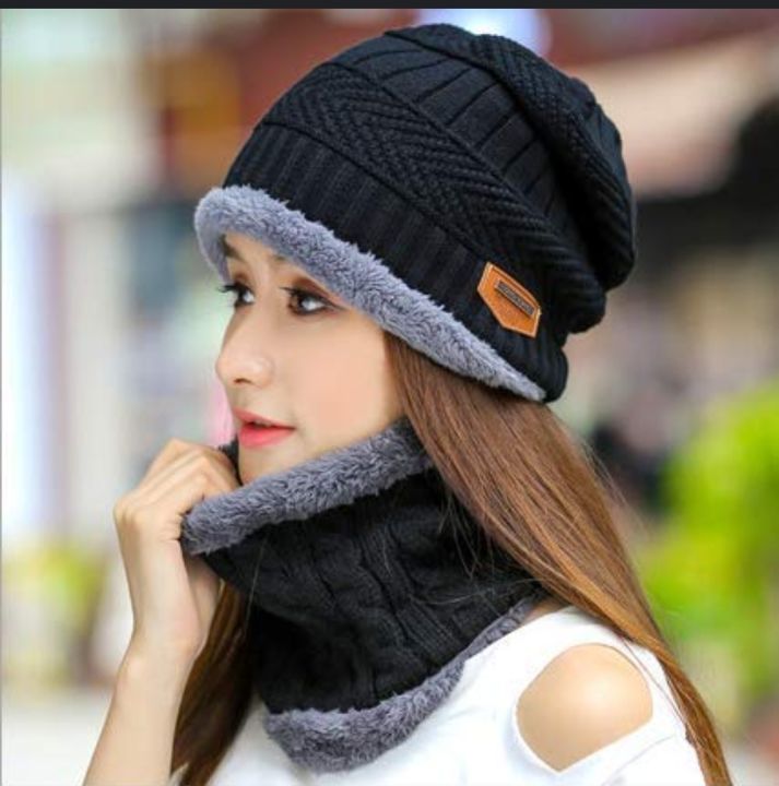 Winter Beanie Hat Scarf Set Warm Knit Hat Thick Fleece Lined Skull Cap for Men/Women Topi set