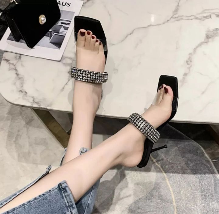 Leaky Toe Transparent Rhinestone High Heels Slingback Comfortable Outdoor Shoes Pumps Women's Sandals