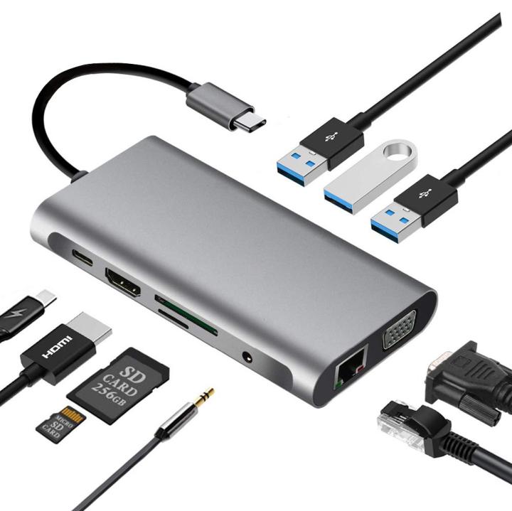 USB C Hub,10-in-1 Type C Multiport Adapter Dock With 4K HDMI, VGA, PD Charging, Gigabit Ethernet, 3 USB3.0 Port, SD/TF Card Reader Wide Compatible