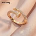 Wenefang Luxurious Wooden Nail Modeling Design Shiny Zircon Gold Silver Color Ring Women's Men Open-Loop Elegant Temperament Accessories. 