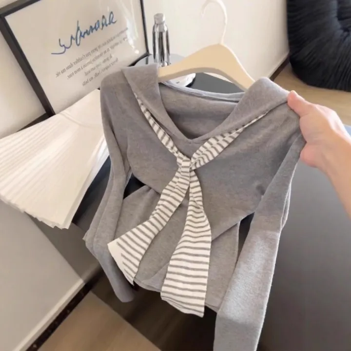 Korean%20Style%20College%20Style%20Navy%20Collar%20Striped%20Ribbon%20Long%20Sleeve%20T-Shirt%20for%20Women%20with%20Unique%20Design,%20Slimming%20Base%20Shirt%20for%20Spring%20and%20Autumn%20-%20Image%203