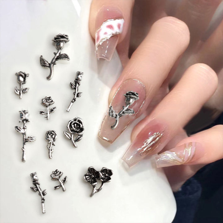 10PCS%203D%20Rose%20Nail%20Art%20Ornament%20Alloy%20Nail%20Art%20Charms%20DIY%20Craft%20For%20Nail%20Decoration%20Silver%20Retro%20Flower%20Nail%20Charm%20Jewelry%20Salon%20Fengshi%20-%20Image%202