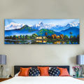 Single Panel Panoramic Machhapuchre Range Fewa Lake Painting Matte Canvas Cotton Print| Fewa Lake | Pokhara | HQ | L | 12 inch X 36 inch | Tightly Wrapped In Wooden Frame | Not stickers or No Forex Board. 