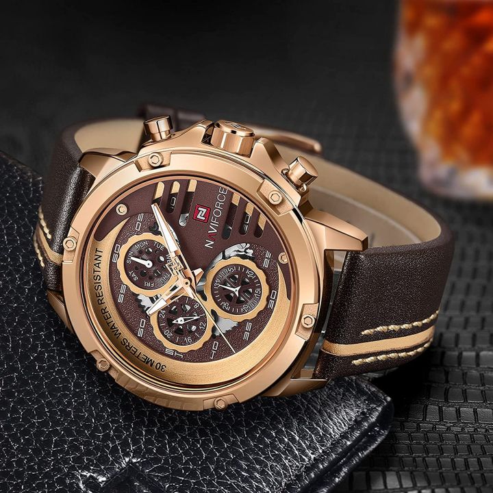 NAVIFORCE NF9110 Luxury Fashion Chronograph Analog Matte Finish Watch For Men Golden Naviforce Matte Golden Case Casual Watch For Men Daraz .np