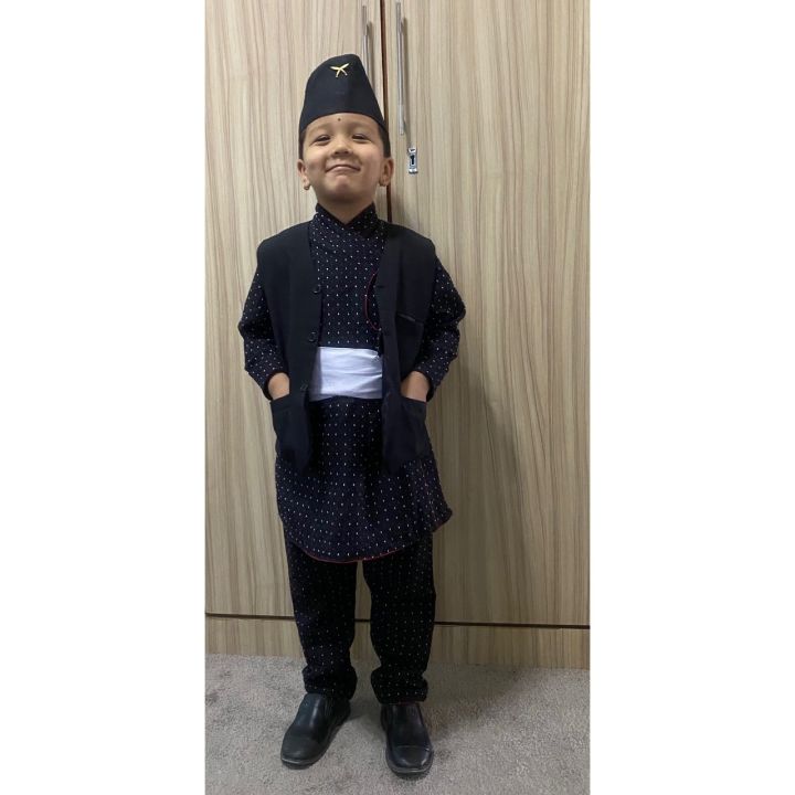 Boy Newari Traditional Daura Salwar Set 1 Set Of Daura Salwar 1 Waist coat Topi And Patuki
