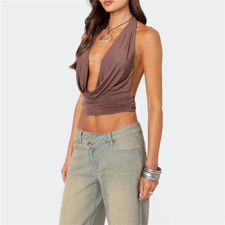 Women'S%20Halter%20Tops%20Deep%20V%20Neck%20Sleeveless%20Halter%20Lace-Up%20Outing%20Tops%20Y2K%20Summer%20Street%20Style%20Brown%20L%20-%20Image%208