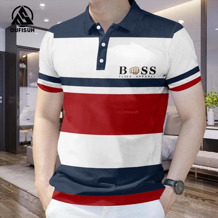 【Oufisun】Striped Polo Shirts For Mens Business Polo Shirt Slim Short-Sleeved Polo Men's Top Breathable Men's Shirt